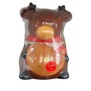 Ceramic Brown and Tan Holiday Reindeer Cookie Jar With Red Scarf